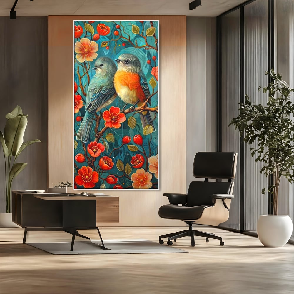 Tablou canvas cu tablou canvas cu pasari pe creanga, in rama de aluminiu argintiu, pe perete intr-un birou